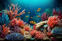 an aquarium filled with lots of colorful corals and seaweed on top of it