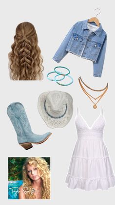 a woman's clothing and accessories including boots, jeans jacket, hat, necklaces