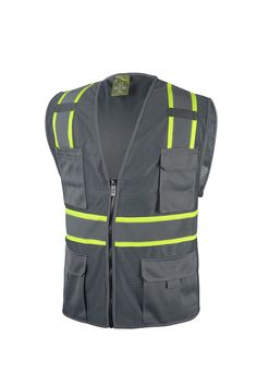 PRICES MAY VARY. Grey Vest Mesh Material 100 % polyester Mesh Safety Vest Zipper Closure, Reflective Tape, Lime Trim 4 Pockets & Pen Pocket on Right ANSI Approved safety Strips Sizes: XS, Small, Medium, large, XL, 2X , 3X, 4X, 5X Grey Vest with Pockets. 100 % polyester . Zipper Closure, Reflective Tape, Lime Trim. This vest has the same features as the SV7 Surveyor with the addition of contrasting trim on stripes. Perfect to wear in daytime conditions. Contrast trim combinations make workers muc Vest With Pockets, Pocket Tool, Safety Vest, Grey Vest, Reflective Tape, Contrasting Trim, Grey Tones, Mesh Material, Personal Protective Equipment