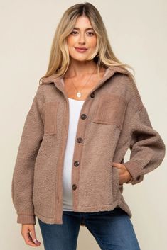 Mocha Colorblock Fleece Maternity Shirt Jacket – PinkBlush Brown Long Sleeve Shacket With Patch Pockets, Brown Collared Shacket With Pockets, Oversized Shacket For Layering, Collared Shacket With Pockets For Layering, Everyday Shacket With Side Pockets And Long Sleeves, Cozy Everyday Shacket With Pockets, Oversized Cozy Shacket With Pockets, Oversized Collared Shacket With Pockets, Long Sleeve Shacket With Pockets For Layering