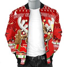 Canada Christmas Men Bomber Jacket Moose Maple Leaf VersionDescriptionAll of our Bomber Jackets are custom-made-to-order and handcrafted to the highest quality standards. Each jacket is constructed with a premium polyester blend and ultra-soft and comfortable polyester inner lining. Features a specialty high definition heat dye application that ensures long lasting color vibrancy even after machine washing. High quality untangle zippers allow for easy putting on and taking off, perfect for any s Casual Holiday Outerwear, Christmas Long Sleeve Outerwear, Casual Christmas Holiday Outerwear, Canada Christmas, Christmas Men, Bomber Jackets, Hoodie Dress, Maple Leaf, Moose