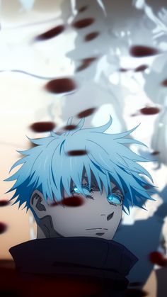 an anime character with blue hair staring at something