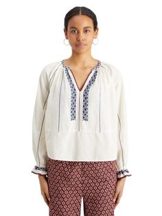 Our Top with Embroidery Details offers a refined touch to the everyday. Its delicate embroidery infuses beautiful design into its comfortable fit, making it a piece of wearable art. 85% Cotton, 15% Linen Wash ��– Cold Hand Wash Elegant Spring Embroidered Top With Geometric Embroidery, Elegant Embroidered Relaxed Fit Blouse, Traditional Tonal Embroidered Top For Spring, White Embroidered Relaxed Fit Top, Cotton Folk Top With Embroidered Sleeves, White Cotton Blouse With Tonal Embroidery, Elegant Embroidered Tops With Relaxed Fit, Cotton Embroidered Top With Relaxed Fit, Folk Style Cotton Top With Tonal Embroidery