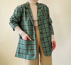 vintage pure extrafine wool green plaid  oversized blazer, fine wool jacket  great condition  size: fits M *measurements (centimeters) Shoulders 48 Bust 108 Inner sleeve 40 Length 77 Womens Blazers, Oversized Blazer, Green Plaid, Wool Jacket, Fashion Watches, Romania, Blazer Suit, Men's Blazer, Women's Blazer