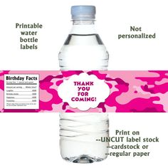 a pink camo water bottle label with the words thank you for coming on it