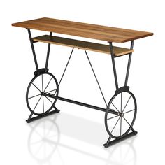 an old fashioned wooden table with wheels on the bottom and shelf below it, against a white background