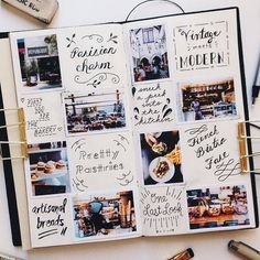 an open notebook with pictures and writing on it