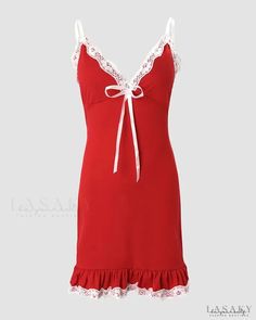 Lasaky - Contrast Lace Ruffle Hem Nightgown V-neck Coquette Sleep Dress, Sleeveless Coquette Bedtime Dress, V-neck Sleepwear With Ruffles, Sleeveless Coquette Night Dress, V-neck Ruffled Sleepwear, Red V-neck Nightwear Dress, Coquette V-neck Sleep Dress, Red Lace Trim Nightgown, Sleeveless Coquette Sleepwear