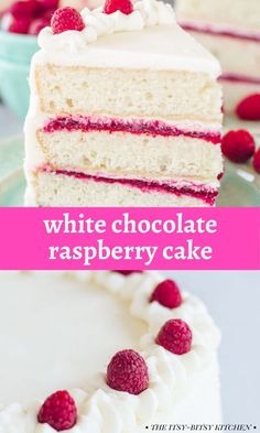 white chocolate raspberry cake with fresh raspberries on top and the words, white chocolate raspberry cake