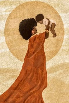 a painting of a woman holding a child in her arms with the sun behind her