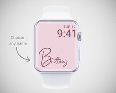 an apple watch with the time displayed on it's face and text below that reads, choose any name or battery