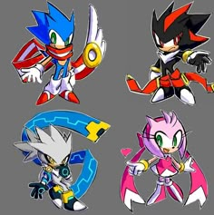 sonic the hedgehog, shadow the hedgehog and silver the hedgehog are all in different poses