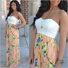 THIS DRESS! Its gorgeous! Available at Apricot Lane Peoria, Apricot Lane Normal, Apricot Lane Champaign and on our online website! Call (309) 691-2230 to place a phone order we SHIP! Closet Inspiration, Strapless Dress, Lookbook, Summer Fashion, Maxi Dress, Style Inspiration