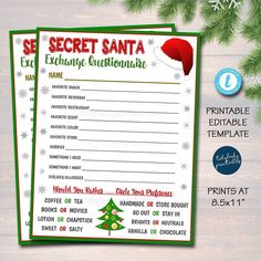 Secret Santa Questionnaire Printableperfect for gathering information for your secret santa exchange*ALL TEXT IS EDITABLE SO MAKE IT SAY WHATEVER YOU WISHFULL EDITING OPTIONS WITH TEMPLETTTRY THE DEMO NOWClick here This is a digital product onlyno physical item will be shipped or mailed to youTEMPLATE FORMATTED SIZES8.5x 11EDIT RIGHT IN YOUR BROWSEREdit your files with Templett.com right after purchasingNo special software download neededSimpleEasyFast and Fun to useEdit All TextMost Text color Favorite Things Survey, Gift Questionnaire, Go To Movies, Secret Santa Gift, Santa Gifts, Gift Exchange