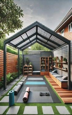 an outdoor living area with yoga mats