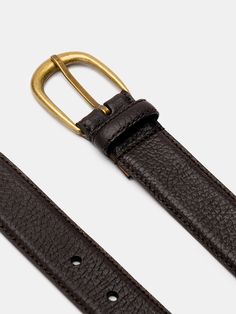 Handmade in our atelier in Alicante, Spain. Grain leather is not only a customer favourite, but also a team favourite. This belt is crafted in a grain calf which creates the little extra edge that we always look for. Made with a curved brass buckle and cut in a 3cm width. Leather Belt With Gold Buckle For Business, Business Leather Belt With Gold Buckle, Leather Workwear Belts With Brass Hardware, Leather Belts With Brass Hardware For Work, Business Belt With Brass Buckle In Bridle Leather, Classic Leather Belts And Suspenders With Brass Buckle, Classic Business Belt With Gold Buckle, Business Leather Belt Buckles With Gold Buckle, Luxury Leather Belt With Brass Hardware