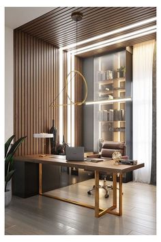 a home office with wood paneling and leather furniture, along with a large plant in the corner