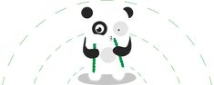 a panda bear with green string around its neck