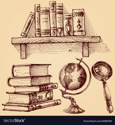 an old book shelf with books and a globe on it, hand drawn in ink