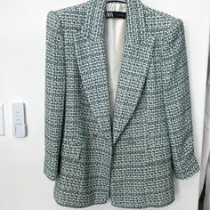 Never Worn. Fits More Like A Medium. Double-breasted Tweed Outerwear For Spring, Zara Tweed Jacket For Office In Spring, Zara Spring Tweed Blazer, Spring Zara Tweed Blazer, Casual Tweed Blazer By Zara, Chic Blue Tweed Outerwear, Zara Tweed Jacket For Spring, Chic Zara Tweed Blazer, Blue Tweed Jacket For Spring