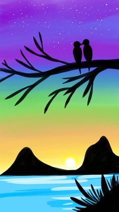 two birds sitting on a tree branch in front of the ocean at night with colorful sky and stars