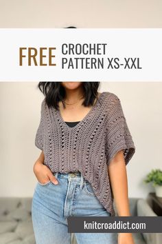 a woman standing in front of a couch with her hands on her hips and the text free crochet pattern x - xxl