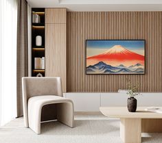 a living room filled with furniture and a painting on the wall