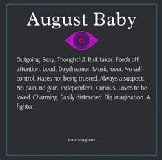 an image with the words august baby written in purple and pink on it, above a black background