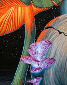 a painting of a mushroom and flowers in the night sky