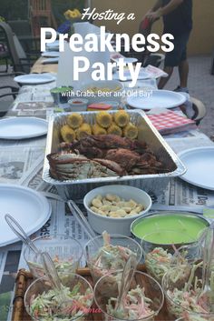 a table full of plates and bowls with food on it that says hosting a preakness party