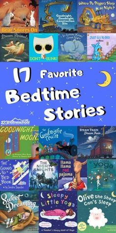 the book cover for 17 favorite bedtime stories with an image of children's books