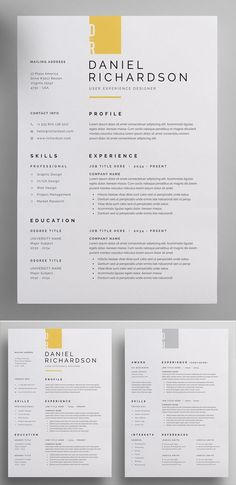 a clean and modern resume template with yellow accents on the front, back and sides