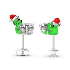 Do you still remember a green monster in that Christmas fantasy comedy film? Inspired by this film, the design of these earrings in Hug Me® collection shows a vivid monster with red Christmas hat, green face, bright eyes and radiant smile. Crafted in sterling silver and finished with colourful design, each earring features this lovely monster that hugged the center stone. You will instantly fall in love with this cute design. You will find more adorable and creative designs in our Hug Me® collec Green Novelty Earrings For Party, Novelty Green Earrings For Party, Green Novelty Party Earrings, Welcome Christmas, Christmas Heart, Comedy Film, Green Monster, Colourful Design, Christmas Hearts