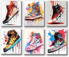 four different paintings of sneakers with colorful paint splatters on the sides and bottom