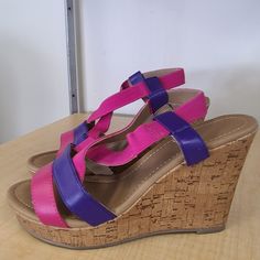 Unbranded Pink And Purple Strappy Wedge Sandals. Main Strap Has Stretch. Never Worn/Nwob. Wedge Height Is Approximately 4.5 Inches. Purple Open Toe Synthetic Wedge Sandals, Purple Wedge Heel Sandals In Synthetic Material, Purple Synthetic Wedge Heel Sandals, Pink Summer Wedge Sandals, Purple Platform Sandals For Beach, Purple Platform Sandals For The Beach, Purple Wedge Sandals For Summer, Purple Platform Wedge Sandals For The Beach, Purple Wedge Heel Sandals For Summer