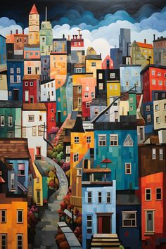 a painting of a city with lots of colorful buildings