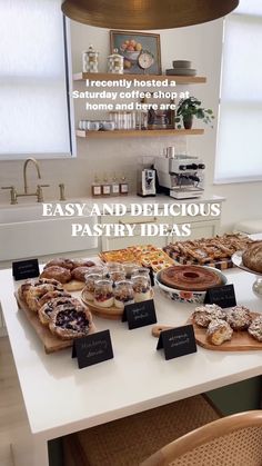 a kitchen counter topped with lots of pastries