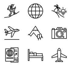 black and white travel icons on a white background