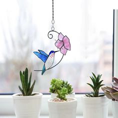 three potted plants sitting next to each other on a window sill