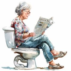 an elderly woman sitting on a toilet reading a newspaper