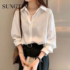 Layering Shirts, White Button Shirt, Blouse Elegant, Female Tops, White Shirt Blouse, Ladies Blouse, Layered Shirts, Autumn Casual, Oversized Blouse