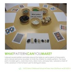 a round table with pictures and cards on it that says what pattern can you make?