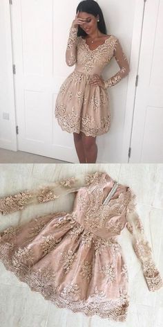 SSR165,long sleeves v-neck applique lace pleated homecoming dress · SheSheRose · Online Store Powered by Storenvy Champagne Homecoming Dresses, Long Sleeve Homecoming Dresses, Cute Homecoming Dresses, Cheap Homecoming Dresses, Tulle Homecoming Dress, Afrikaanse Mode, Short Homecoming Dress, Lace Homecoming Dresses, Short Prom Dress