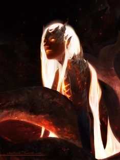 a woman with long white hair standing in front of an orange and black fire background