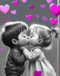 two children kissing each other with pink hearts floating around the air in the shape of heart balloons