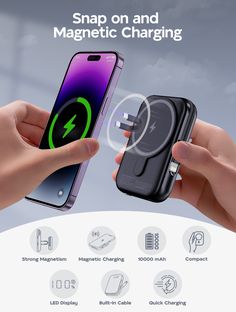 two hands holding an electronic device and charging the charger on top of it with text that reads snap on and magnetic charging