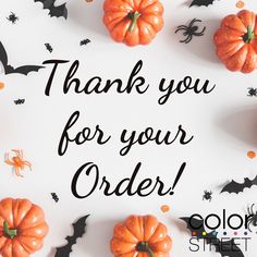 thank you for your order with pumpkins and spider webshort logo on white background