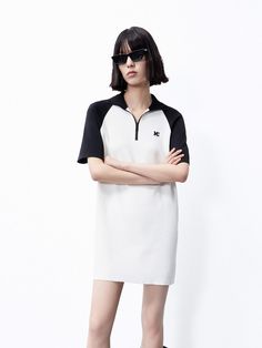 MO&Co. Women's Raglan T-Shirt Dress Mini with Black and White Shirt Silhouette, Dress Comfortable, Zip Collar, White Shirt Dress, Mini Shirt Dress, Dress Mini, Half Zip, T Shirt Dress, Two Tone