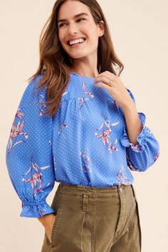 Nuuly | Tops Spring Blue Blouse With Blouson Sleeves, Spring Blue Tops With Blouson Sleeves, Blue Blouson Sleeve Tops For Brunch, Blue Tops With Blouson Sleeves For Brunch, Spring Floral Print Peasant Top With Relaxed Fit, Blue Cornflower, Peasant Blouse, Mini Dresses, Apparel Accessories