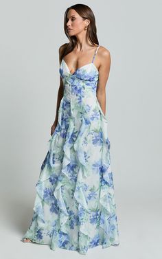 Amalie The Label - Rosalie Strappy Cut Out Ruffle Detail Maxi Dress in Elysian Print Floral Full Length Dress, Frilly Floral Dress, Floral Ruffle Maxi Dress, Rehearsal Dinner Dress For Guest, Greece Dresses, Wedding Dress Shopping Outfit, Bridesmaid Dresses Floral, Prom Dresses Floral, Long Floral Dresses